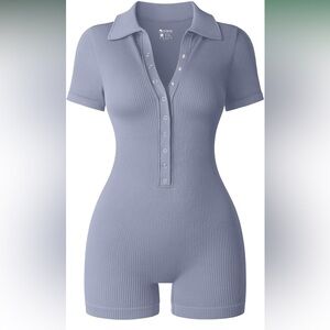 OQQ- Ribbed V-Neck Tummy Control Yoga, Stretch Exercise Romper S